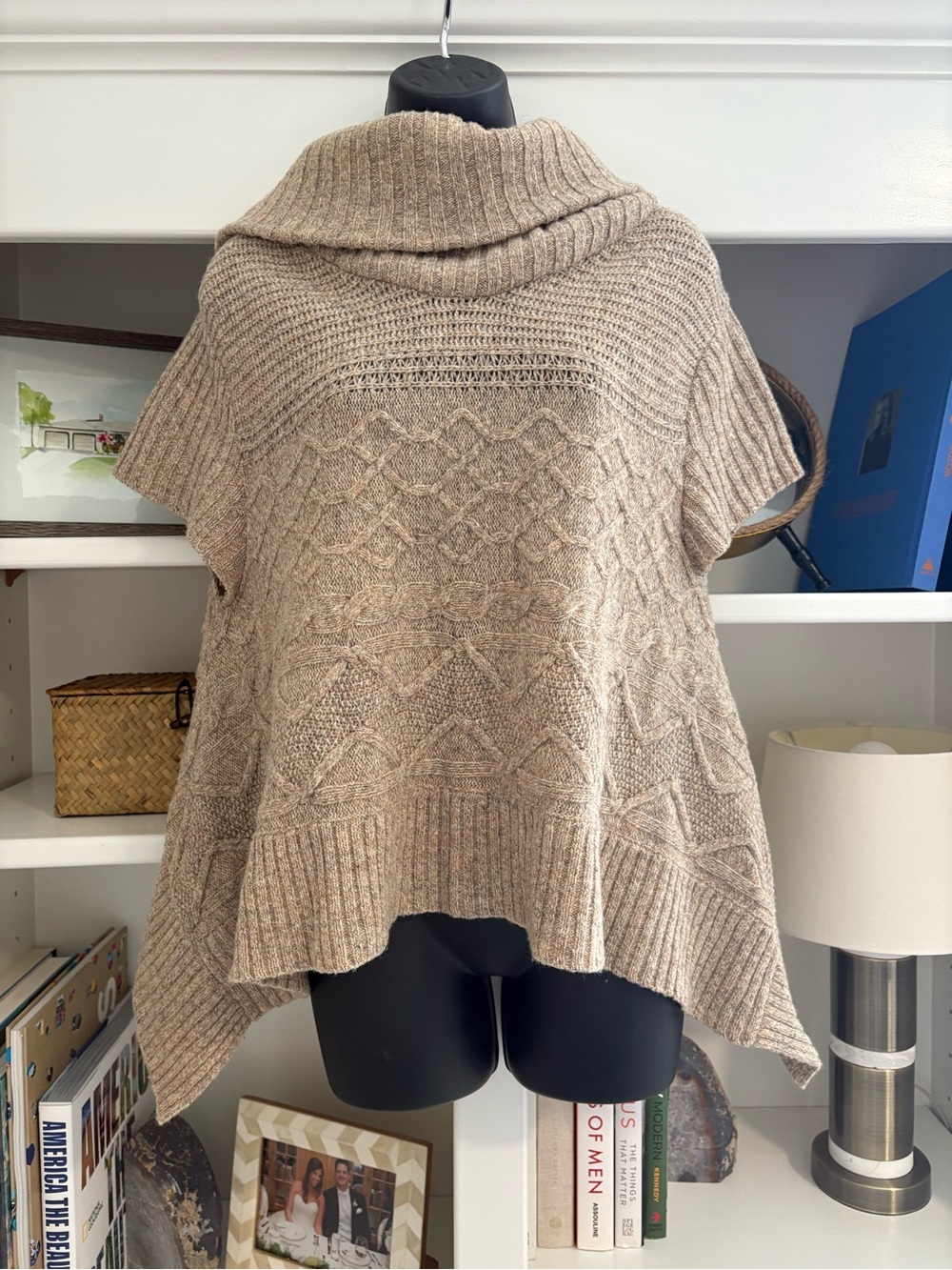 Moth Anthropologie Neutral Cable-Knit Poncho in Taupe